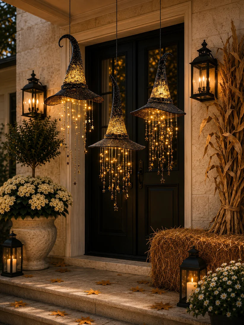 3-Piece Lighted Witch Hat Set with Cascading Stars