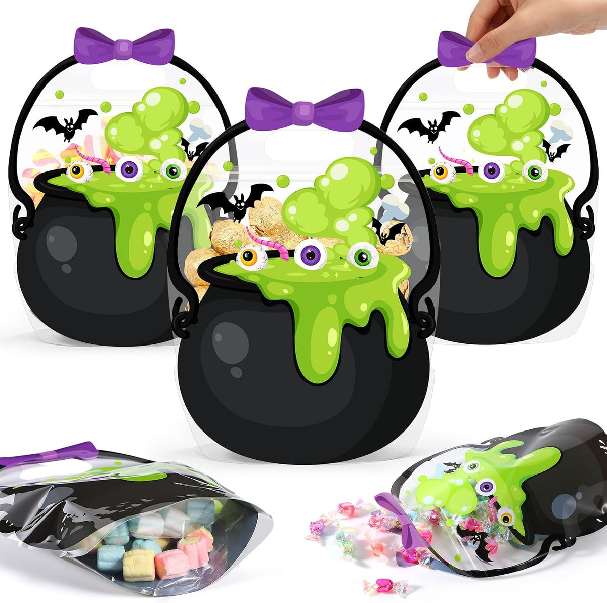 50 Pcs Halloween Treat Bags with Handles, Pumpkin Plastic