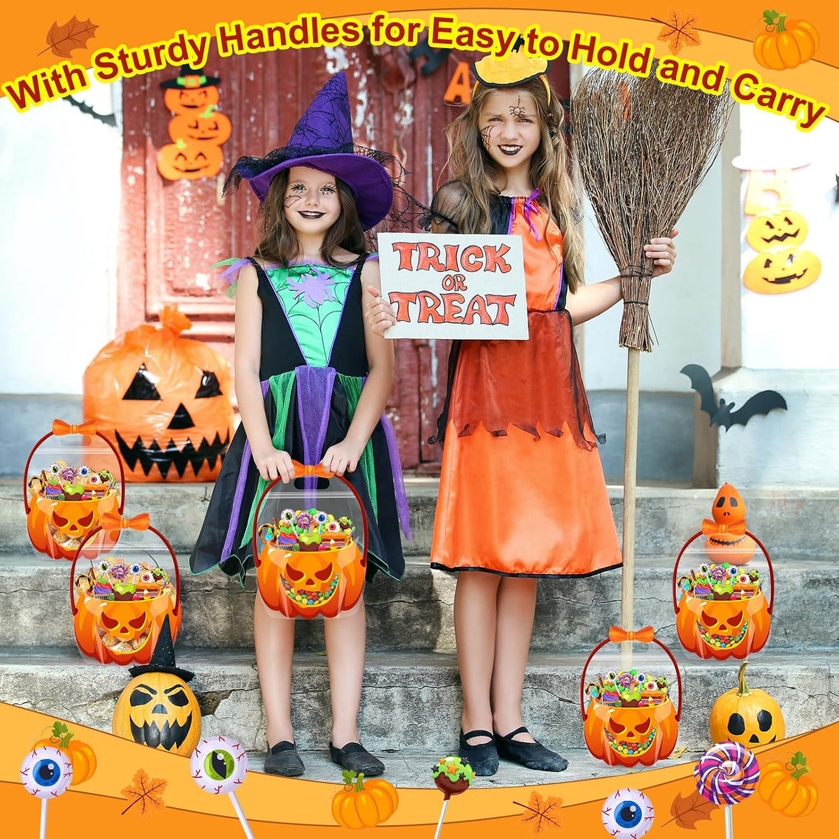 50 Pcs Halloween Treat Bags with Handles, Pumpkin Plastic