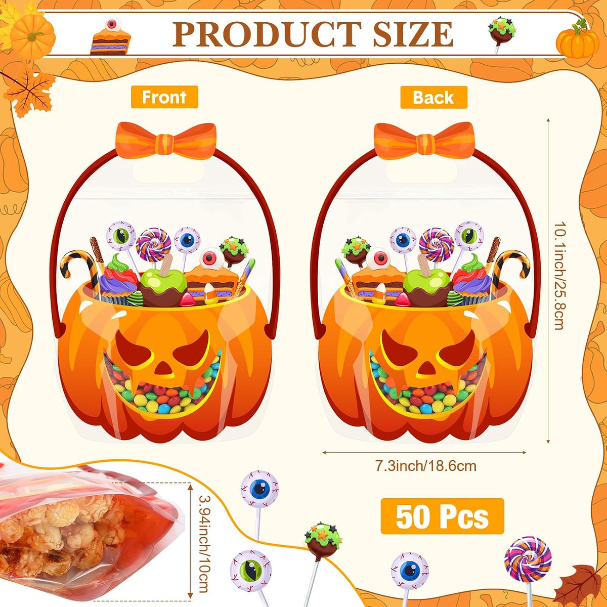 50 Pcs Halloween Treat Bags with Handles, Pumpkin Plastic
