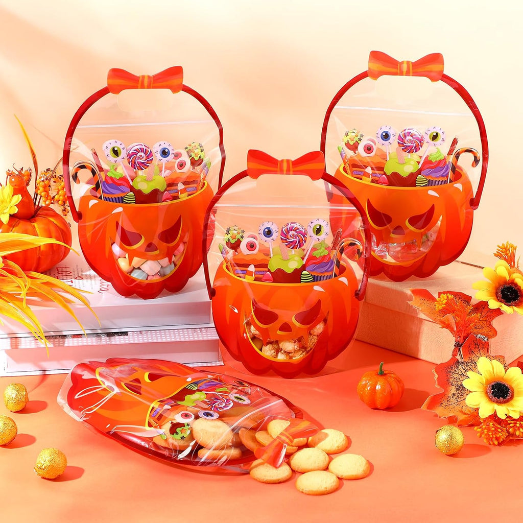 50 Pcs Halloween Treat Bags with Handles, Pumpkin Plastic
