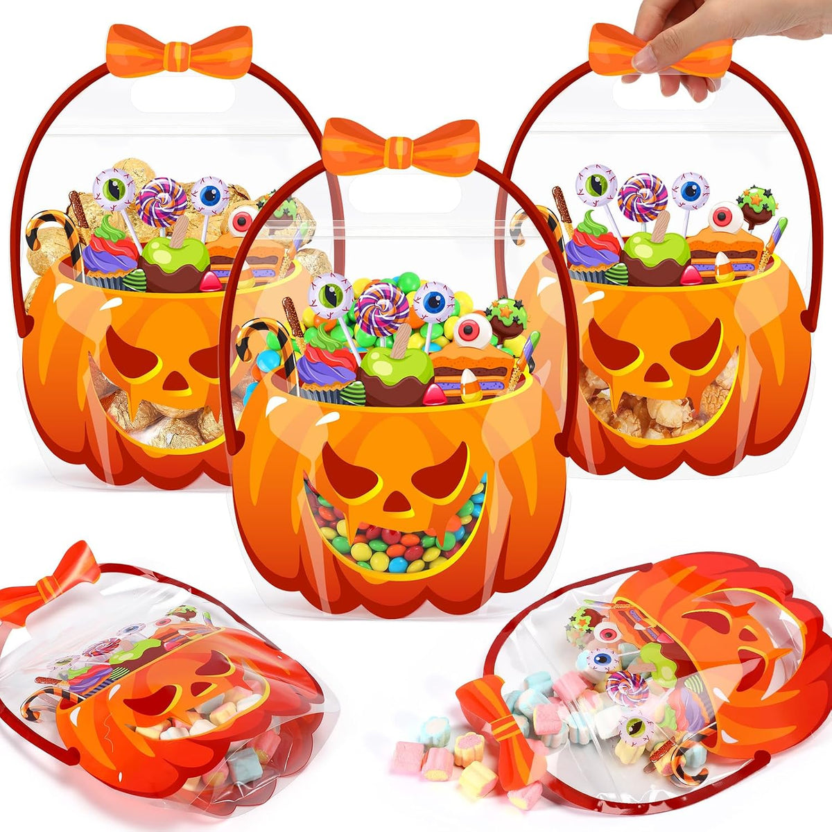 50 Pcs Halloween Treat Bags with Handles, Pumpkin Plastic