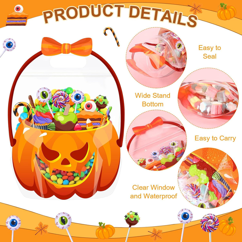 50 Pcs Halloween Treat Bags with Handles, Pumpkin Plastic