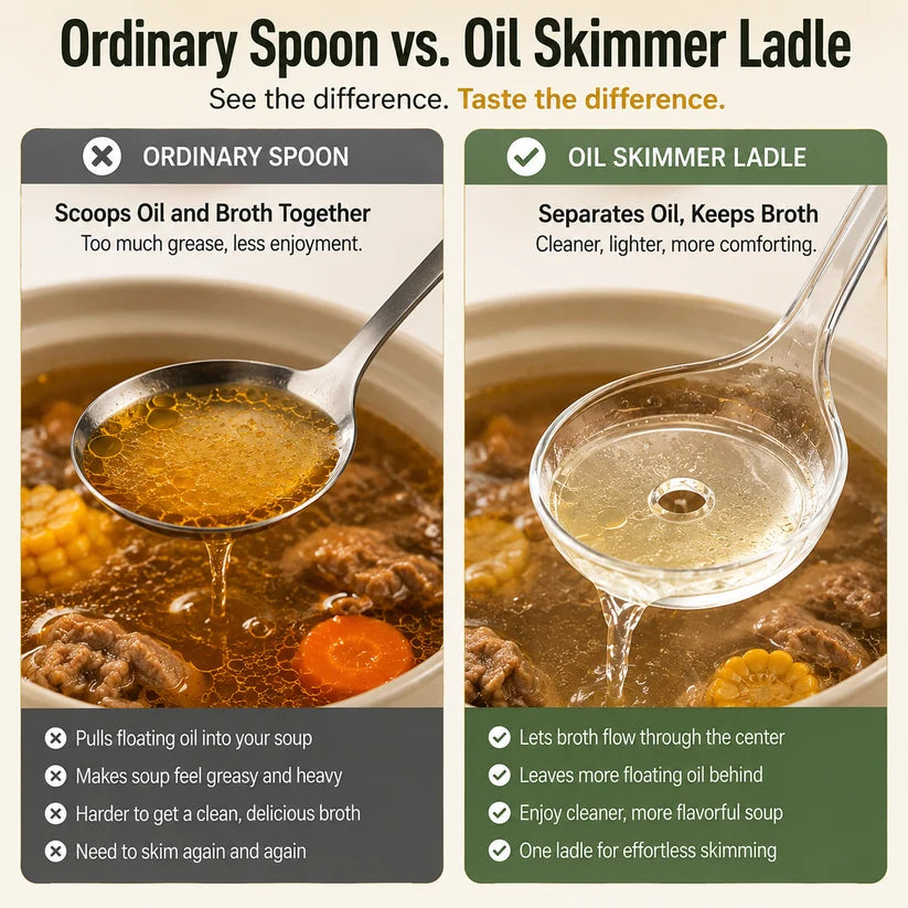 🥣 Fat Skimmer Ladle | Clear Oil Separator Spoon for Soup, Broth & Stew