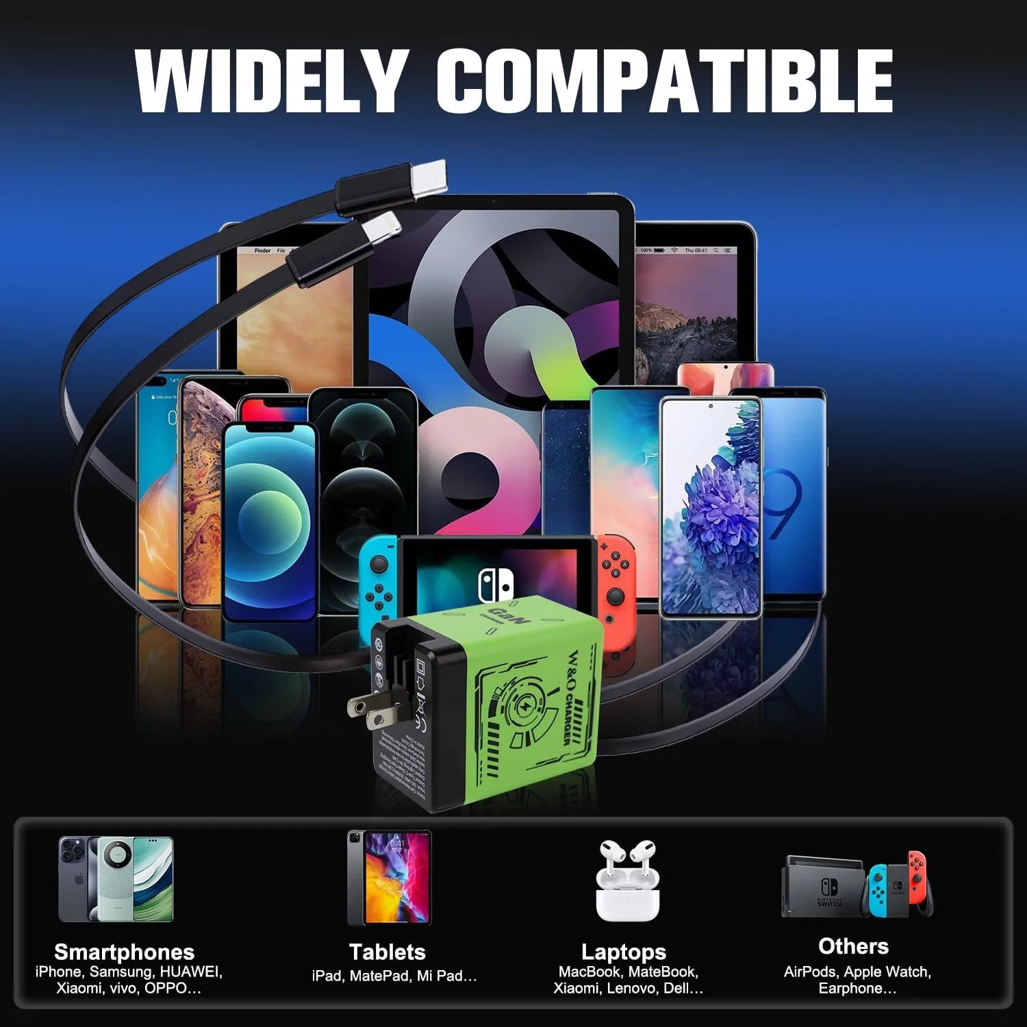 Smart Charger, 2 in 1 W&O 120w Fast Charger, Retractable Wall Fast Charger, Portable Charger with All in 1 Foldable Plug, Fast Charging Power Adapter for Smartphones