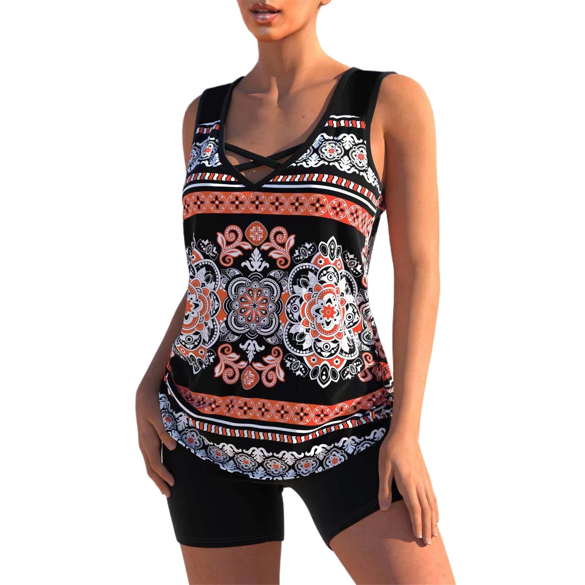 ⏰LAST DAY 60% OFF🌊Women's Tummy Control Tankini Set with Built-In Bra – Flattering Boho Swimwear with Shorts