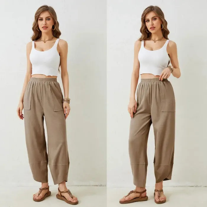 Tanming Women's Baggy Wide-Leg Pants - Casual, Elastic-Waisted, Bohemian Minimalist Basic Women's Clothes Bottom with Pockets,summerwins,summeroutfits,vacationoutfits,beachoutfits,back to school shopping